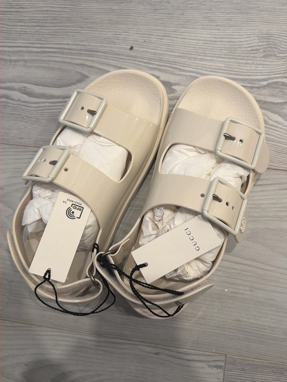 Gucci Women's Cream Patent Double-Buckle Slide Sandals